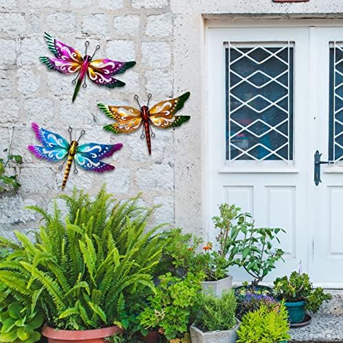 Dragonfly Garden Decor, 3 Pack Colorful Metal Dragonfly Wall Decor, Outdoor Decor Art for Patio, Yard, Fence, Garden, Outside, Backyard, Balcony