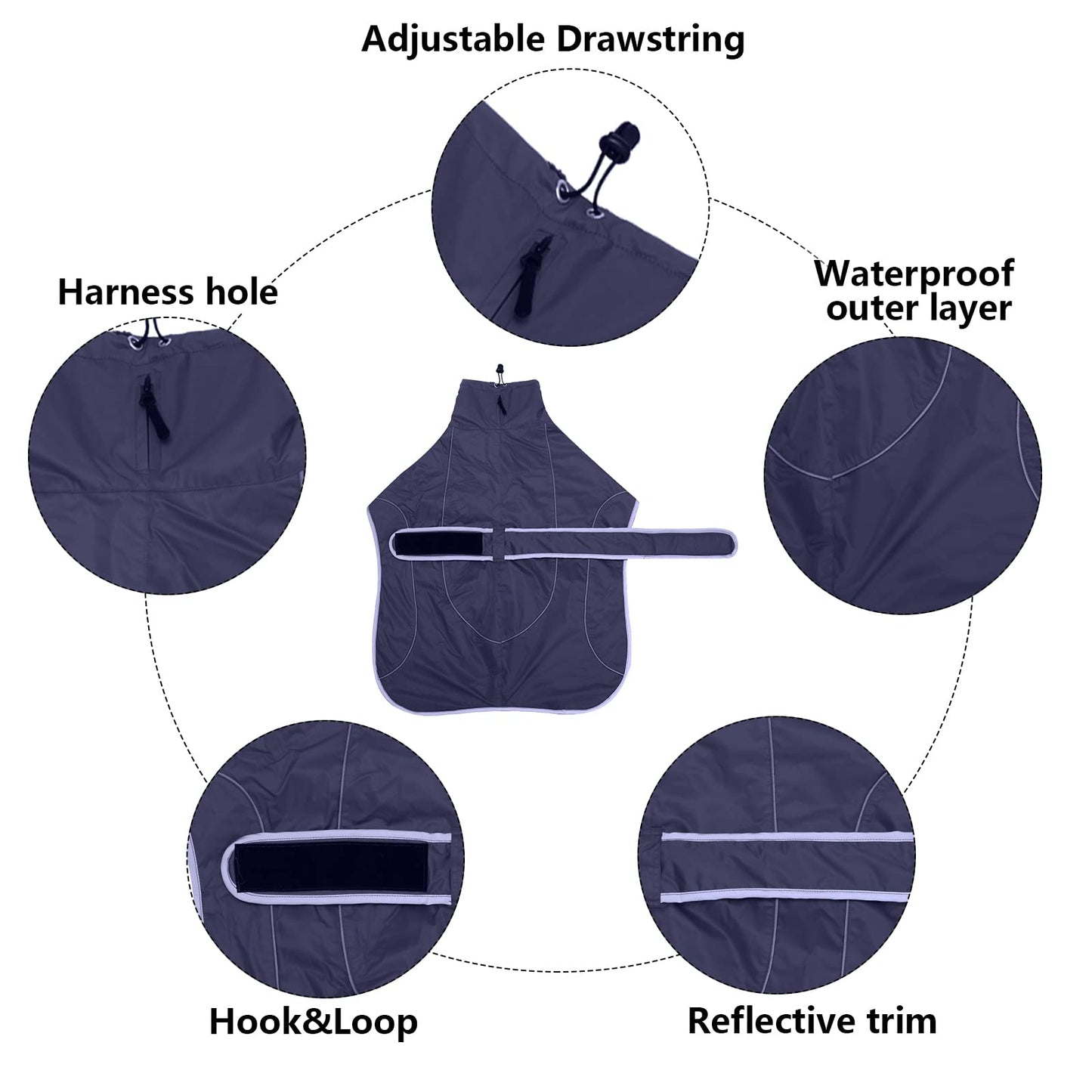 Greyhound Winter Coat, Whippet Coat with Padded Fleece Lining, Water Resistant Dog Jacket with Adjustable Bands and Reflective - Navy - XSmall