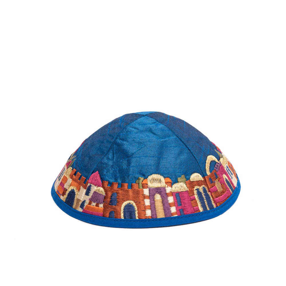Yair Emanuel Blue Embroidered Jerusalem Design Kippah