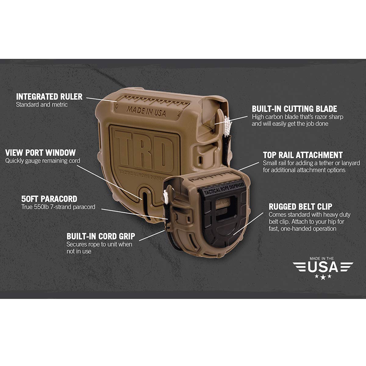 Atwood Rope MFG Tactical 550 Paracord Parachute Cord Rope Dispenser 50ft Spool TRD | Cutting Blade, Belt Clip, Cord Grip, View Port, Integrated Ruler (Black)