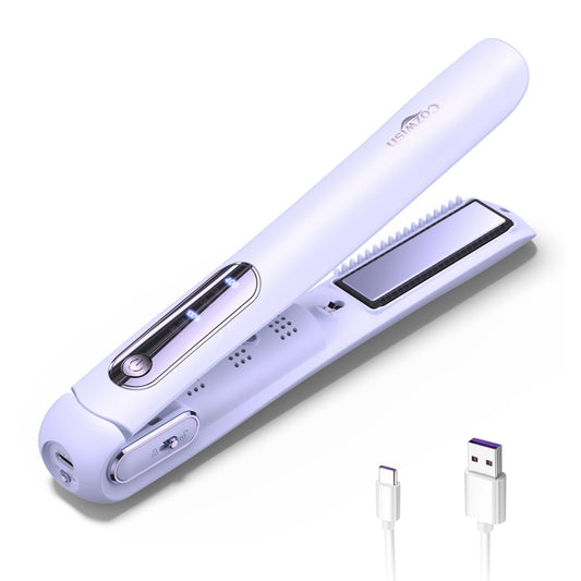 Cordless Hair Straightener, Portable Flat Iron and Curler 2 in 1, Fast Heat, Type-C Rechargeable, for Travel/Home (Purple)