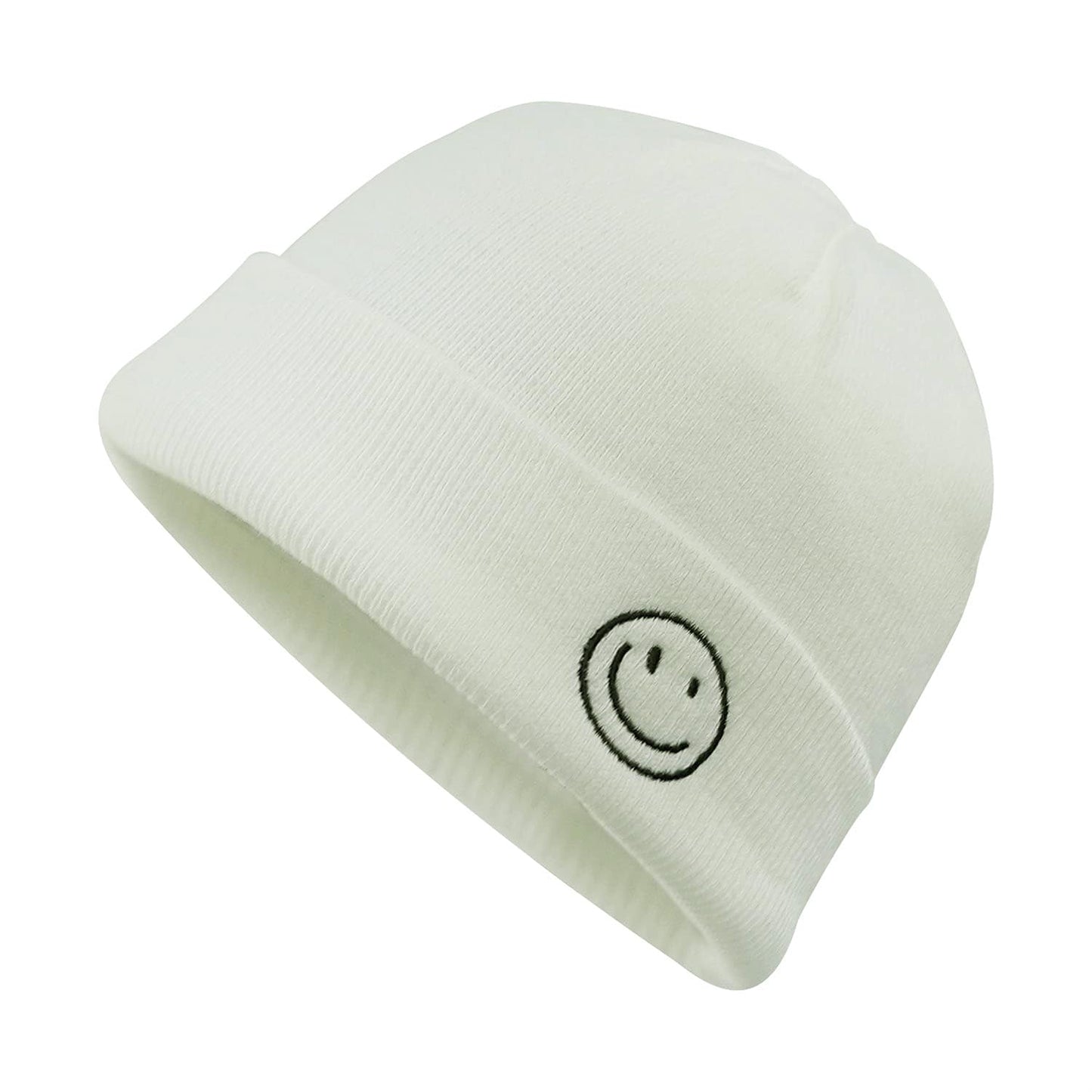 Croogo Winter Warm White Beanie Swag Knit Cuff Knitted Hat Smile Face Embroideried Fisherman Beanie Ski Caps,White-KH27