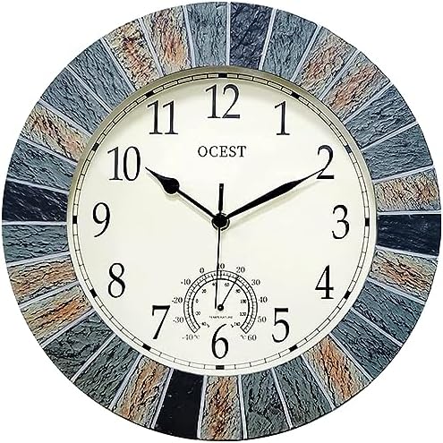OCEST 13 Inch Large Outdoor Indoor Clock, Waterproof Wall Clock with Thermometer, Weather-Resistant Non-Ticking Battery Operated Decor for Patio, Pool, Lanai, Fence, Porch, Garden（Brown）