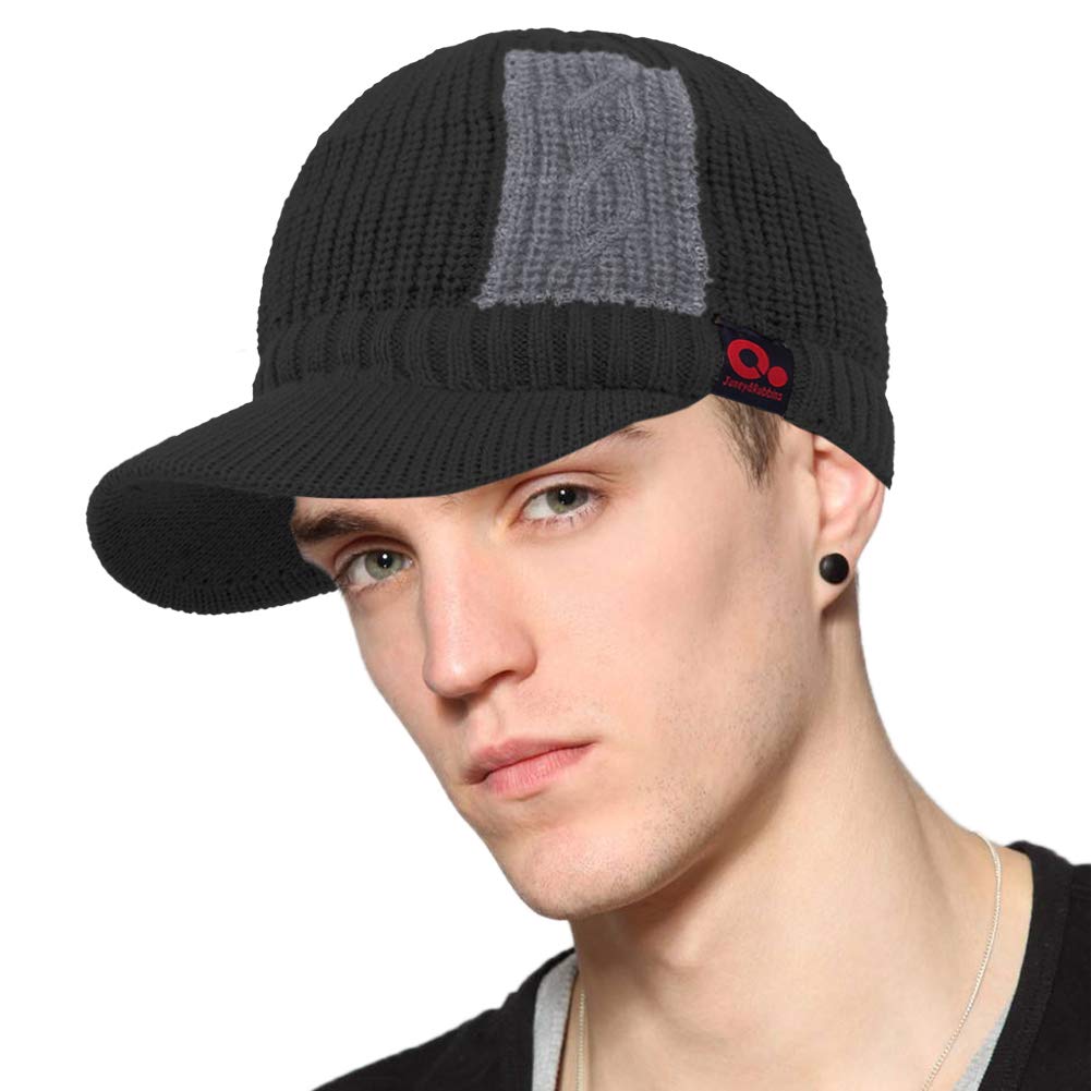 Original One Winter Outdoor Knitted Visor Beanie Hat with Brim Fur Lined Ski Snowboarding Cap (Black)