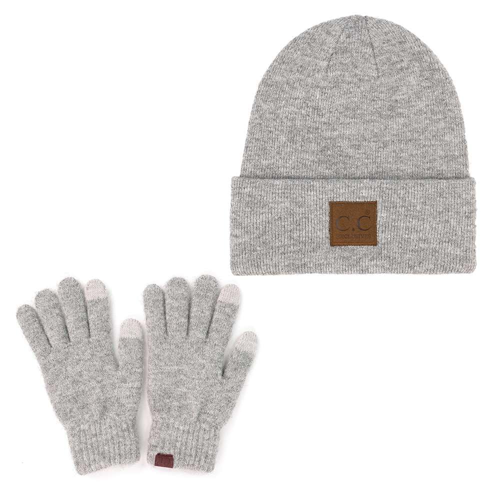 C.C Eco Friendly Unisex Classic Warm Winter Beanie and Touchscreen Glove Set (Light Melange Grey)