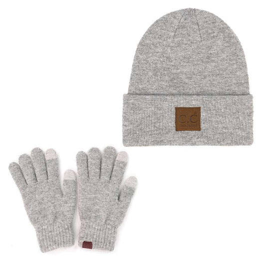 C.C Eco Friendly Unisex Classic Warm Winter Beanie and Touchscreen Glove Set (Light Melange Grey)