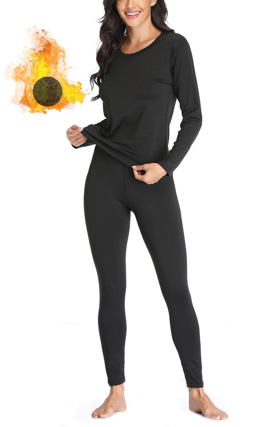 TEEPIRE Women 's Thermal Underwear Set with Lightweight Ultra Soft Fleece Lined,Long John Set, Moisture-Wicking Skiing Base Layer (Medium) Black