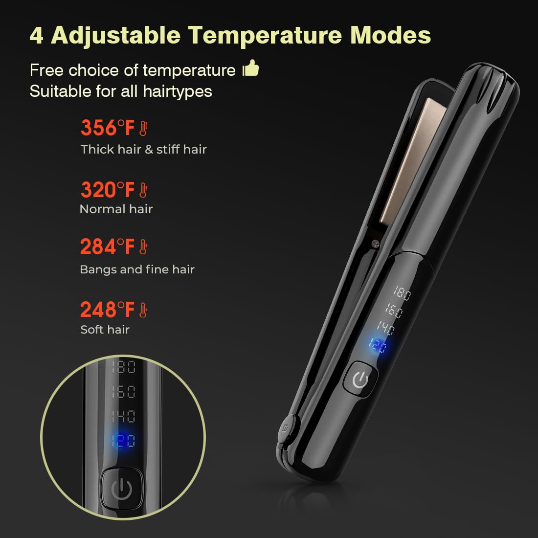 Cordless Hair Straightener and Curler, 2 in 1 Portable Mini Flat Iron & Curling, Fast Heating & Titanium Plate with 4 Adjustable Temp, Travel Size and USB Rechargeable with Pouch (Black)