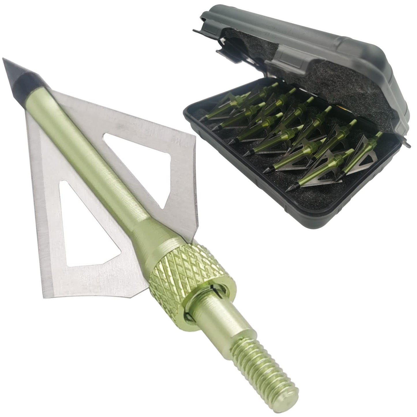 LeeMui Hunting Broadheads 12PK 100 Grains Screw-in Arrow Archery 3 Blades Hunting Heads Arrow Tips Compatible with Crossbow and Compound Bow + 1 PK Broadhead Storage Case (Grass Green)