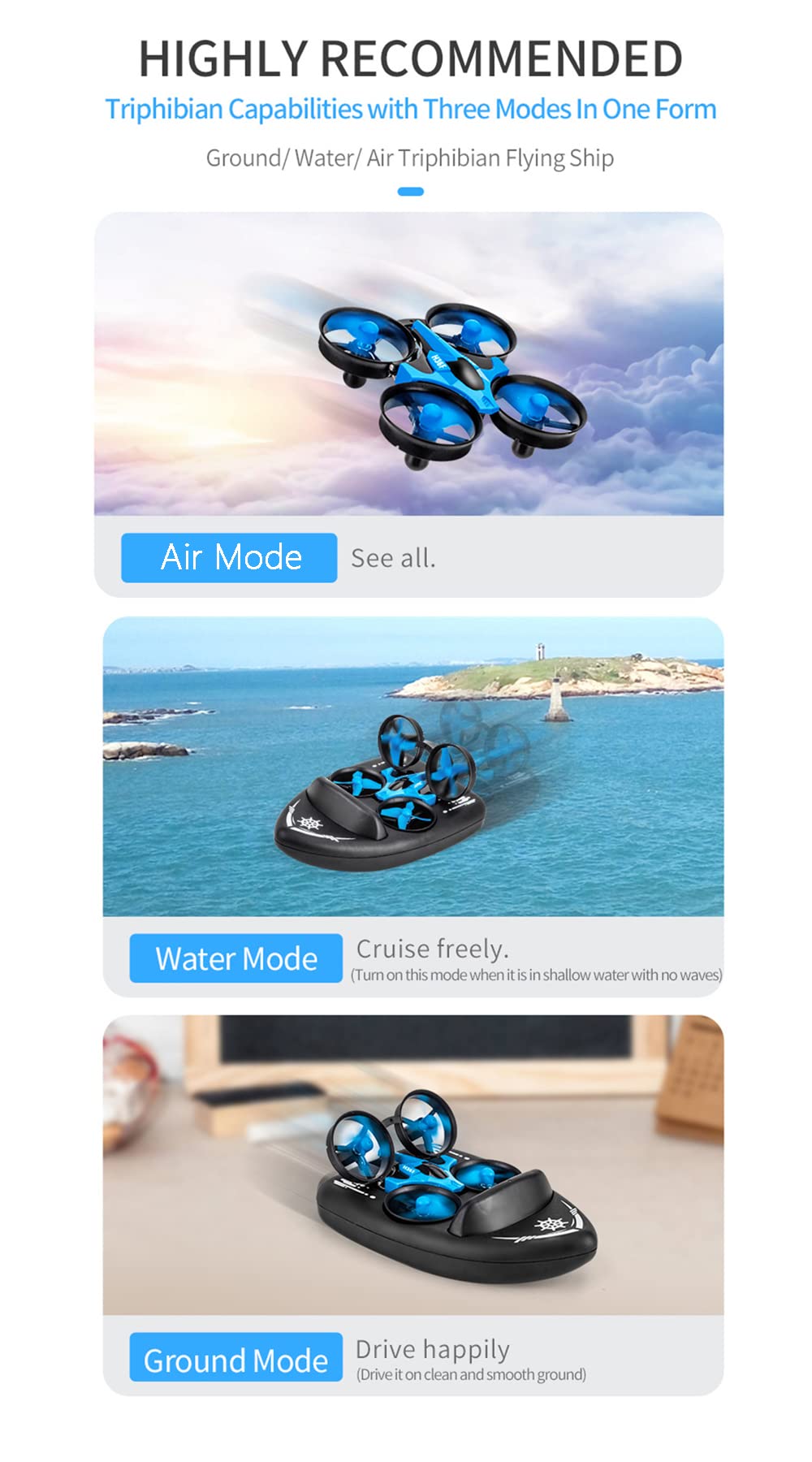 AIROKA H36F Mini Drone for Kid 2.4G Headless Mode 3 in 1 Sea Land Air Flight 4-Axis Quadcopter Boat RC Helicopter for Boys and Girls