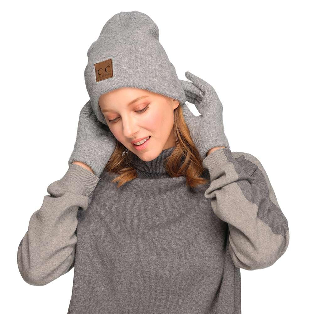 C.C Eco Friendly Unisex Classic Warm Winter Beanie and Touchscreen Glove Set (Light Melange Grey)