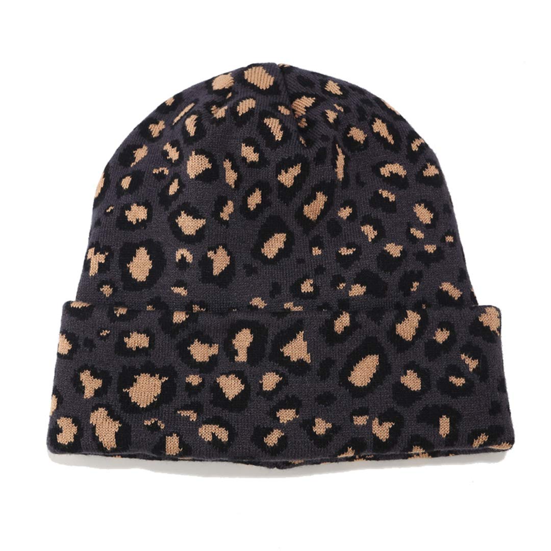 Leopard Print Beanie Hat Trendy Animal Pattern Skull Cap 2 Layers Cuffed Hats Winter Thick Knitted Watch Caps (Dark Gray)