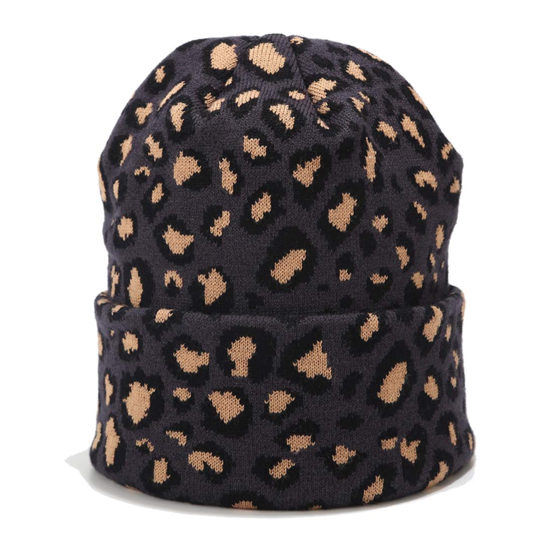 Leopard Print Beanie Hat Trendy Animal Pattern Skull Cap 2 Layers Cuffed Hats Winter Thick Knitted Watch Caps (Dark Gray)