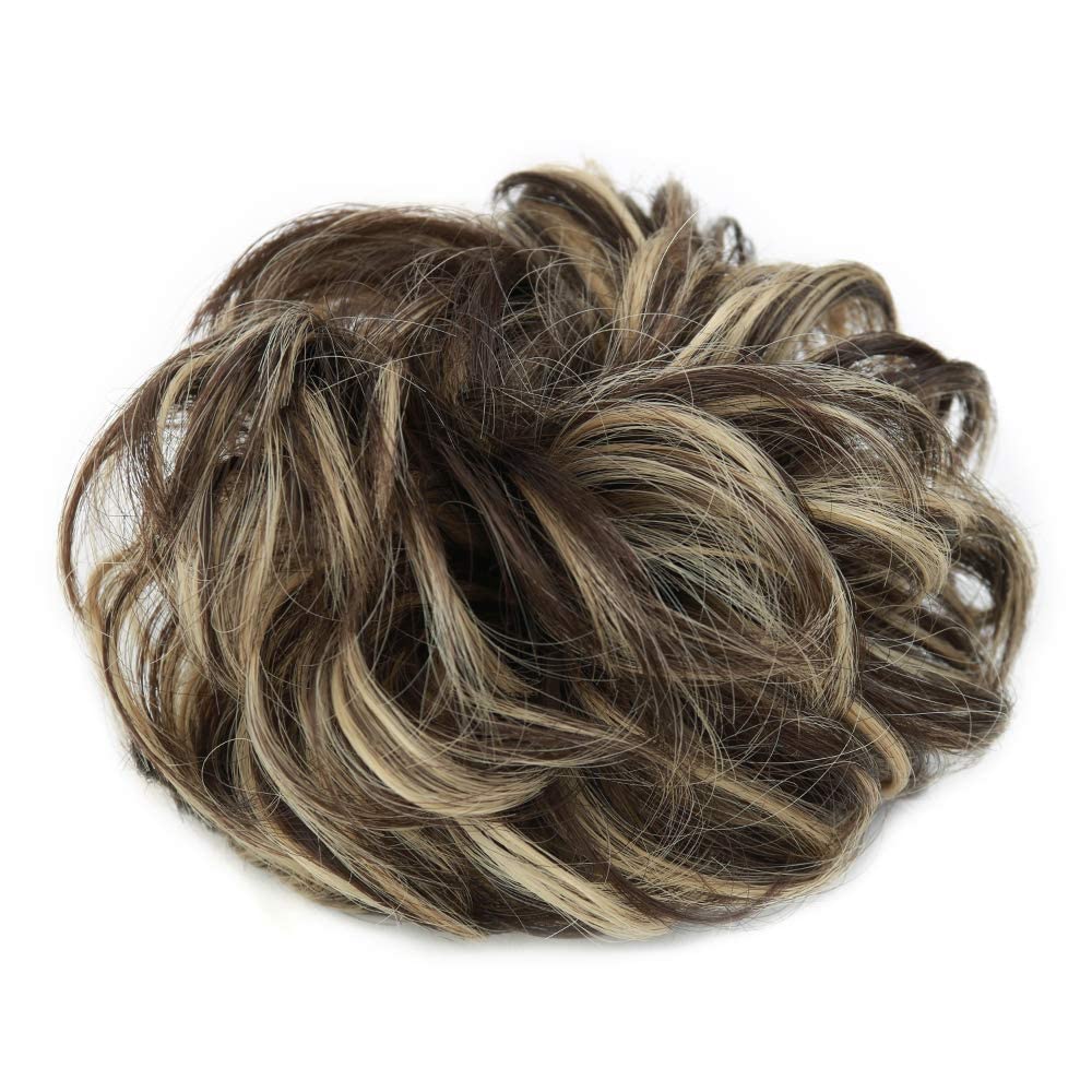 MORICA 1PCS Messy Hair Bun Hair Scrunchies Extension Curly Wavy Messy Bun Hair Synthetic Chignon Hairpieces for Women(Dark Brown & Ash Blonde)