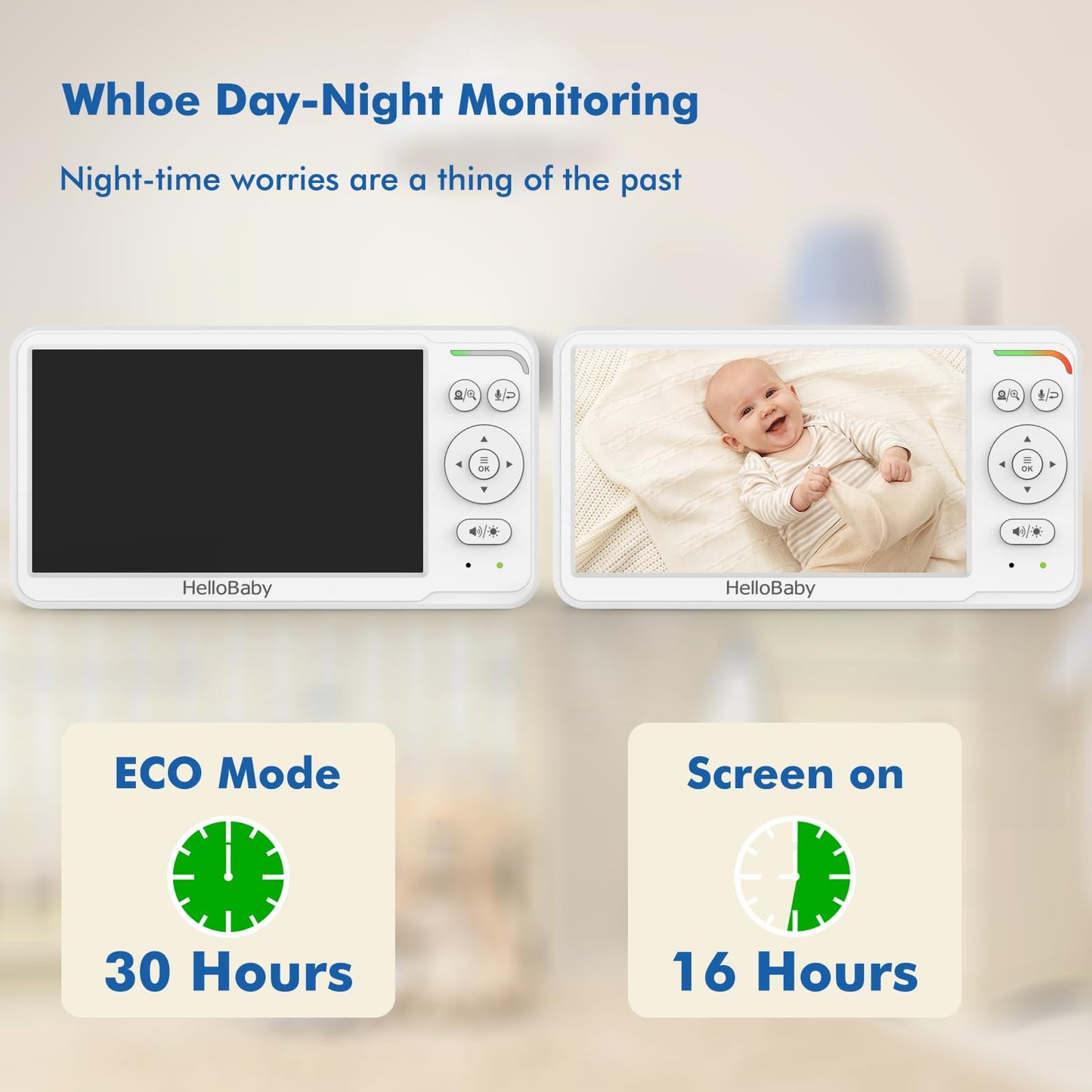 HelloBaby World's First 6" IPS Split Screen Baby Monitor with 2 Cameras - No WiFi, 30hr Battery, 355° Pan-Tilt, Night Vision, 1000ft, Portable Travel Video Audio Monitor with Temp Alert/Lullabies/VOX