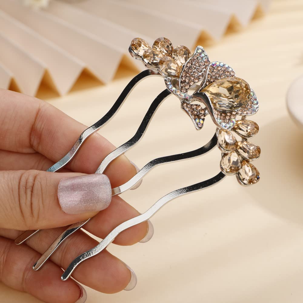 Aimimier Dainty Crystal Flower Hair Comb Sparkly Rhinestone Inlaid Hair Side Combs Long Teeth Hair Accessories for Women and Girls(Champagne)
