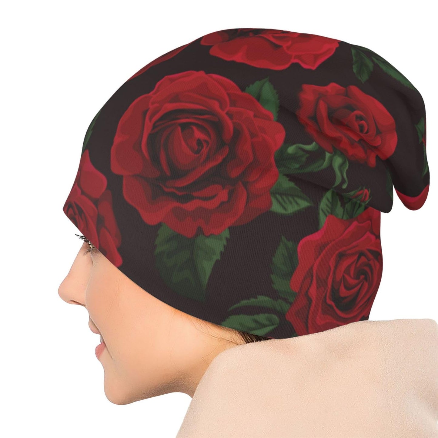 Red Rose Trendy Floral Beanie Hat Slouchy Cap Warm Cancer Headwear Stretch Knitted Hats for Women Men