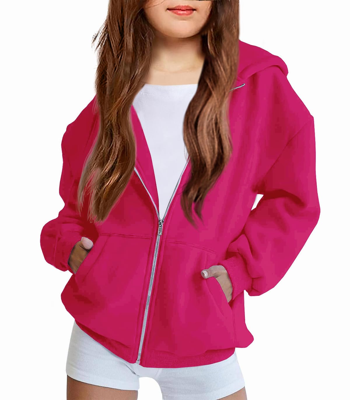 Arshiner Tween Girls Fuzzy Zipper Hoodie Sweatshirt Pink Winter Basic Jacket With Kangaroo Pocket for 12-13 Years