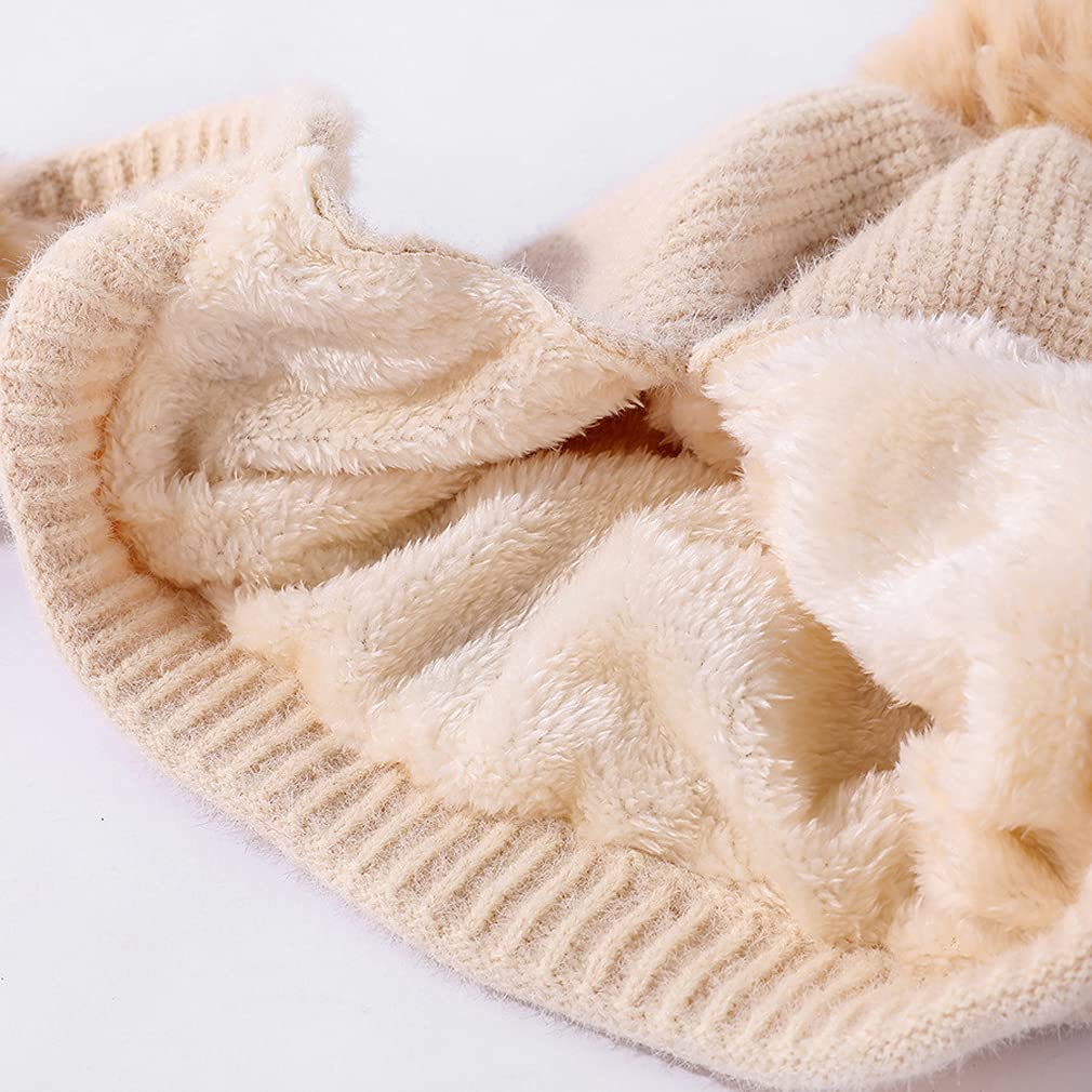 Tangjun Womens Winter Warm Beanie Knit Fur Lining Ear Flaps Cozy Cap Pompom Hat (White)