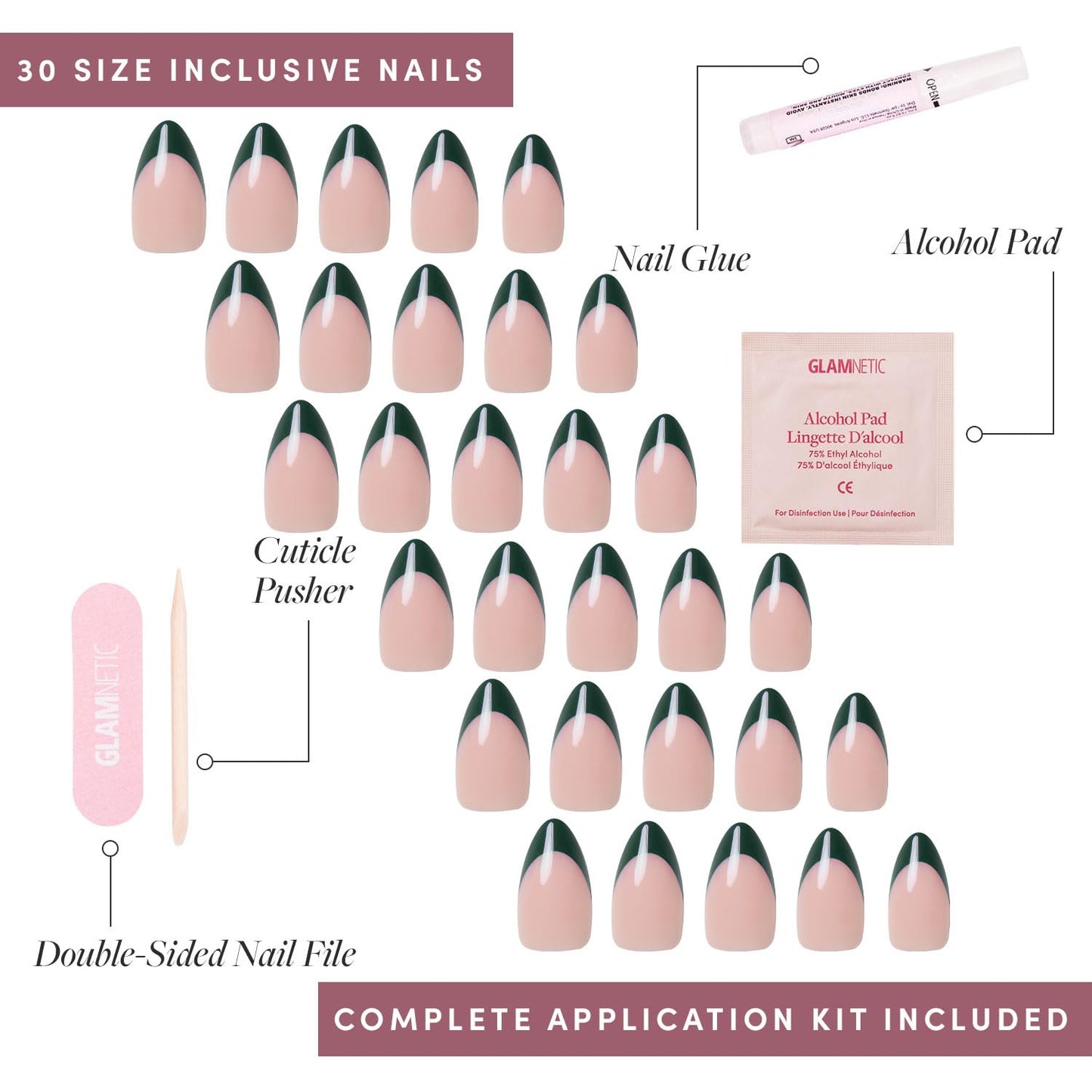 Glamnetic Press On Nails - Château | Semi-Transparent Dark Forest Green French Tip Short Almond False Nails, Reusable Stick On Fake Nails with Glue | Salon Quality | 15 Sizes - 30 Nail Kit