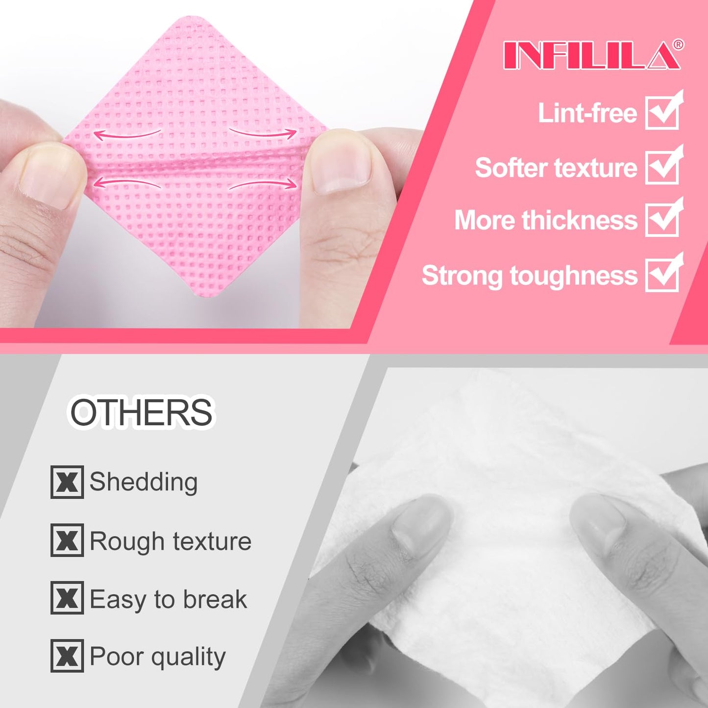 NXJ INFILILA 1080PCS Lint Free Nail Wipes Kit, Pink Gel Nail Polish Remover Set with 1PCS Acetone Pump Dispenser Bottle 200ml(6.8oz) for Professional Soak Off Gel Polish Remover