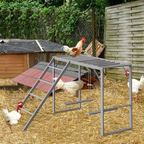 Chicken Perch Swing, Chicken Roosting Bars with Ladder for Coop, Metal Pet Swing Set for Pet's Healthy & Happy for 8-10 Chick, Grey