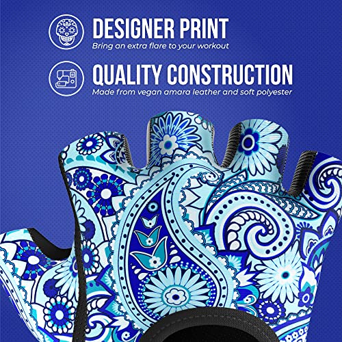 Contraband Pink Label 5387 Womens Design Series Paisley Print Lifting & Rowing Gloves (Pair) - Lightweight Vegan Medium Padded Microfiber Amara Leather w/Griplock Silicone (Blue, X-Small)