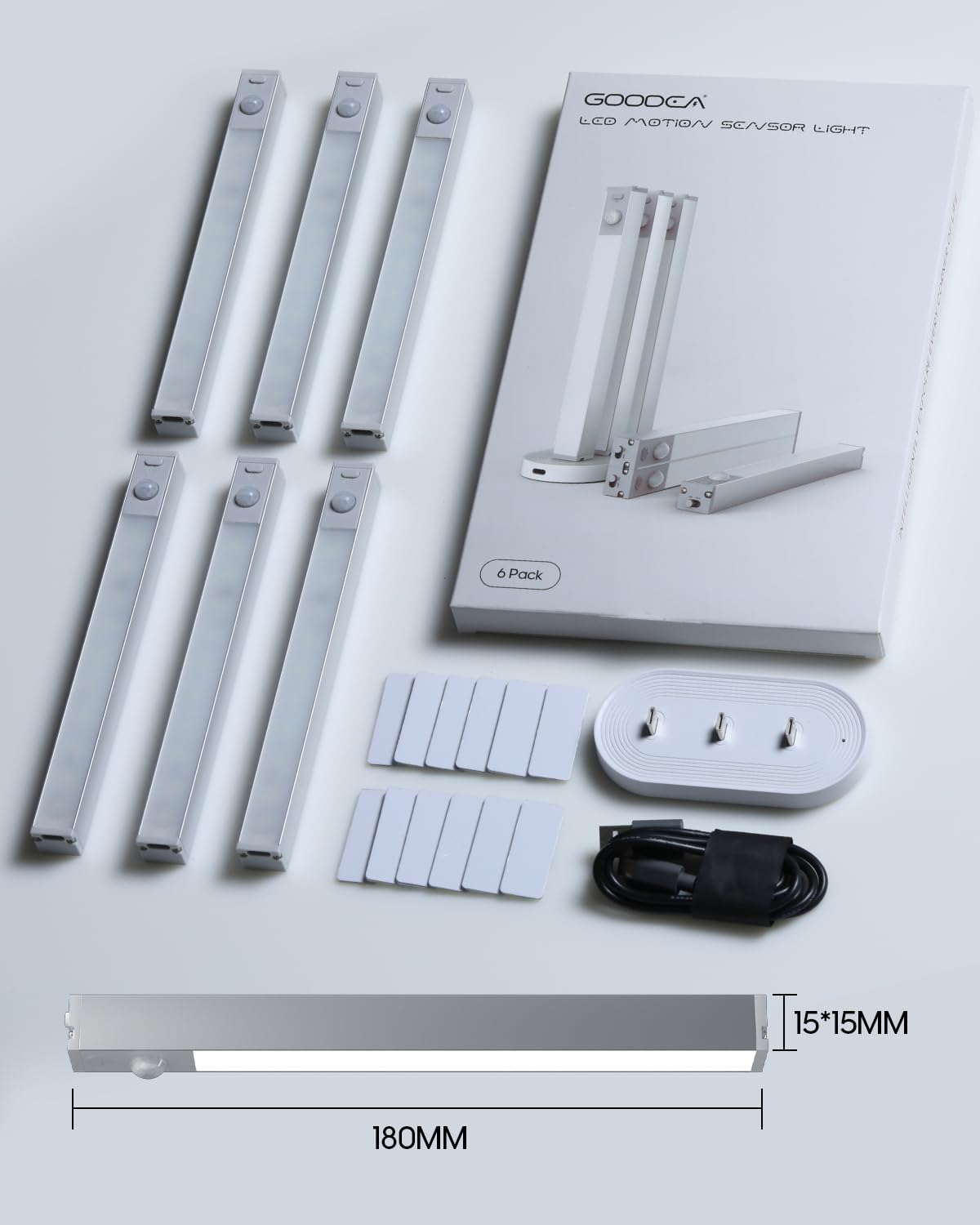 Goodea 6 Pack Led Under Cabinet Lights Wireless with Charging Station, 7’’ Rechargeable Motion Sensor Light Indoor, Dimmable Closet Lights for Cabinets, Bookshelf, Stair, Hallway