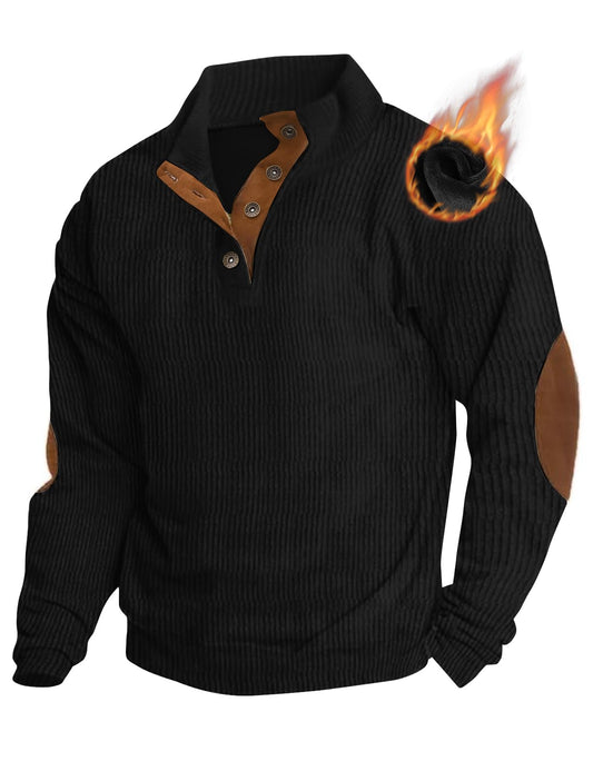 HEEKPEK Men's Fleece Lined Corduroy Sweatshirt Long Sleeve Button Pullover Sweater Winter Warm Shirt with Elbow Patches Black