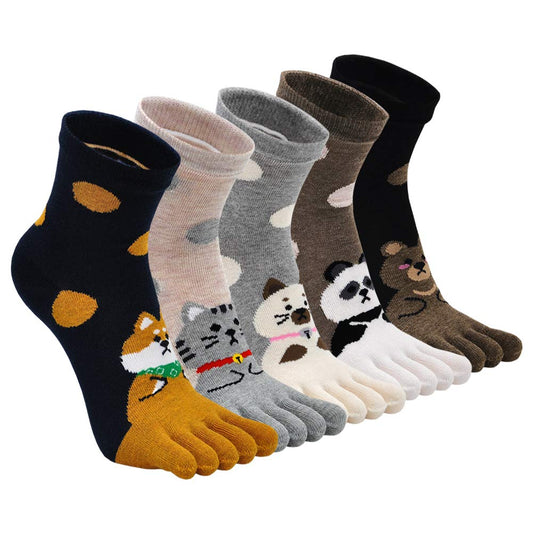 Hellomamma Women's Toe Sock Cute Cat Dog Ankle Sock Cotton Athletic Running Five Finger Socks for Girls Multicolor 5-12