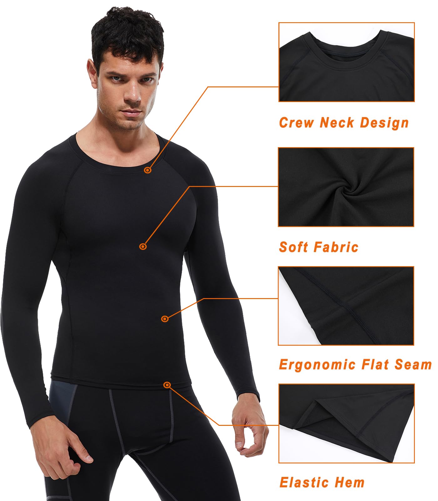 Black Thermal Compression Shirts for Men Long Sleeve Athletic Base Layer Top Winter Cold Weather Warm Running Gear Undershirt