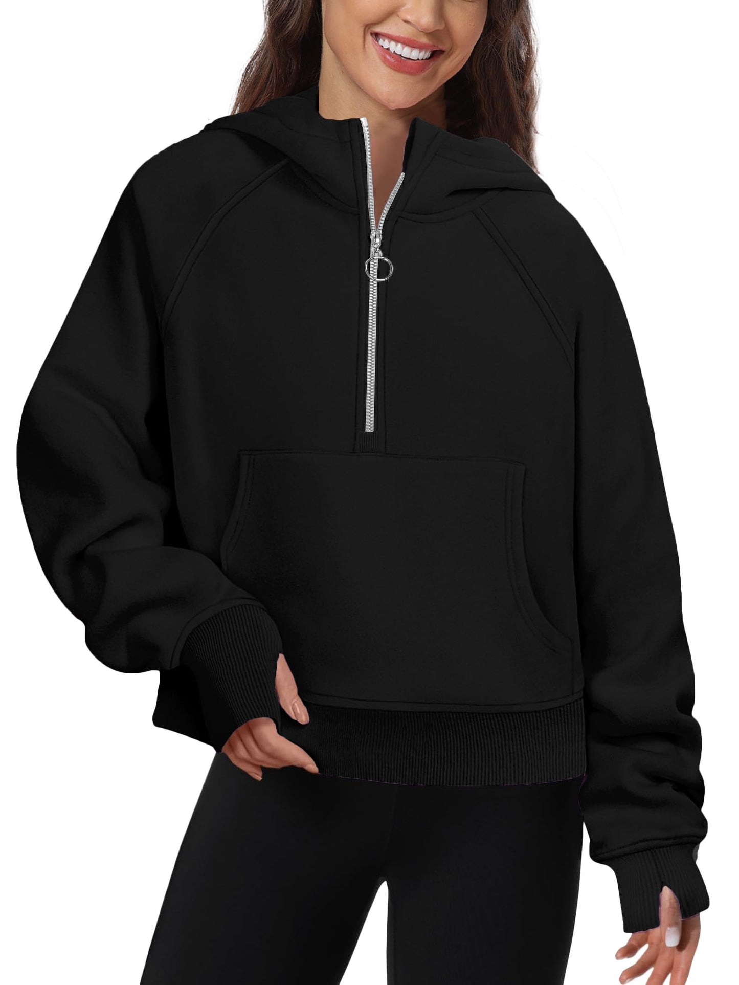 FKEEP Womens Half Zip Hoodies Quarter Zipper Up Cropped Sweatshirt Long Sleeve Athletic Pullover Tops with Thumb Hole(Black,Large)