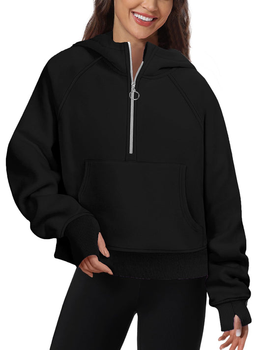 FKEEP Womens Half Zip Hoodies Quarter Zipper Up Cropped Sweatshirt Long Sleeve Athletic Pullover Tops with Thumb Hole(Black,Large)