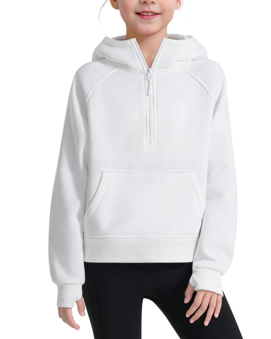 JOCMIC Girls Hoodies Half Zip Cropped Fleece Sweatshirts with Thumb Hole Kids Fall Winter Preppy Clothes White 13-14 Years