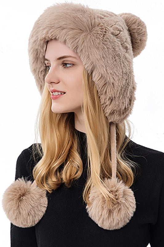Dawfold Women Knit Beanies Hats Winter Peruvian Cover Ears Faux Fur Crochet Skull Cap with Pompom Fluffy Fleece Lined Khaki