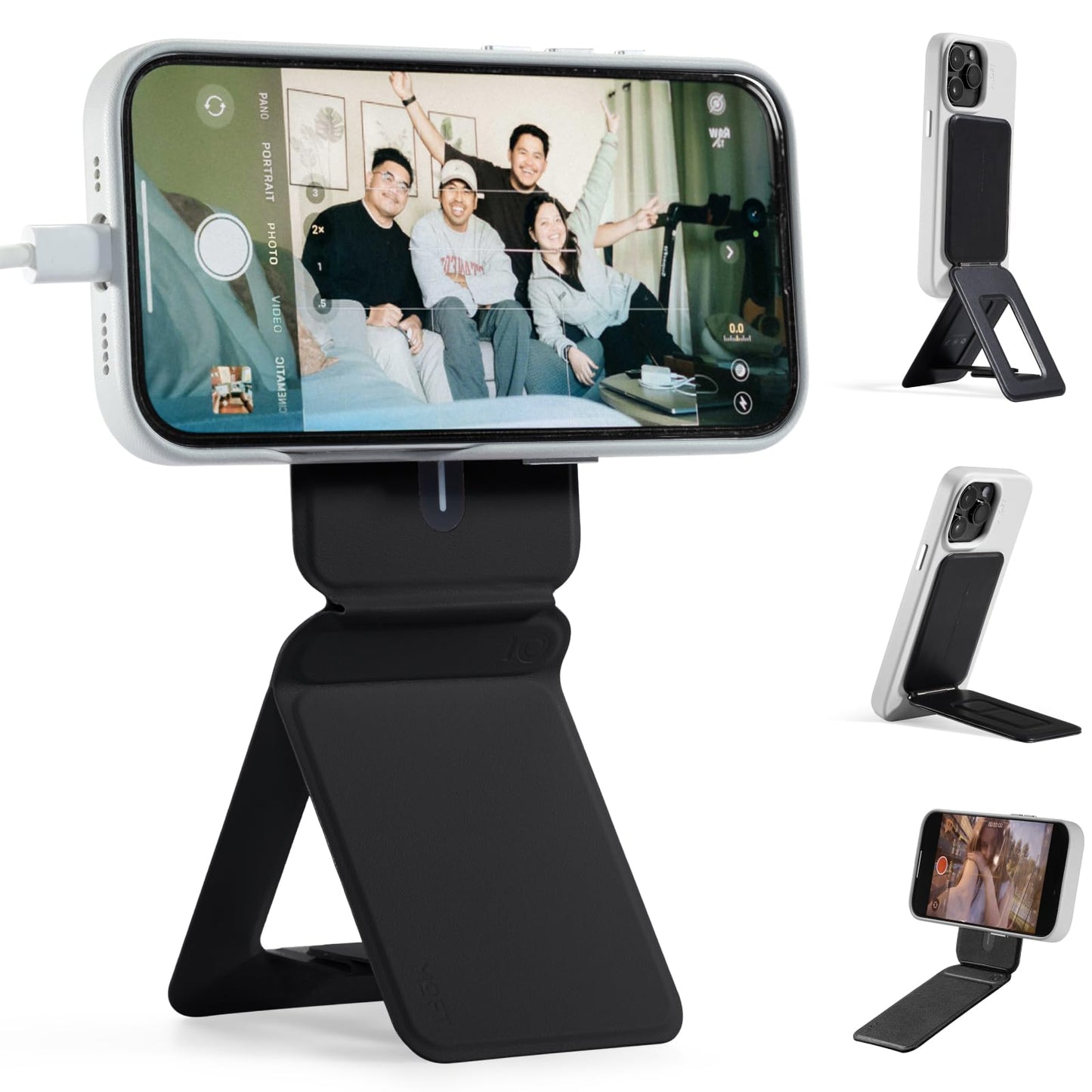 MOFT Phone Tripod Stand Selfie Stick for iPhone, Multi-Angles iPhone Stand, Lightweight & Portable Phone Holder, Strong Magnets, MOVAS Vegan Leather, Travel Essentials, Jet Black (Without Card Slot)