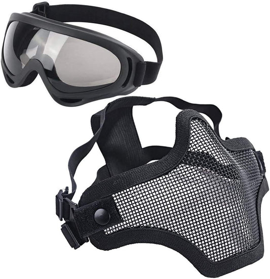 LAOSGE Airsoft Mask,Mesh Half Face Full Black Set with UV 400 Anti Fog Goggles