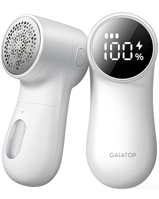 GAIATOP Fabric Shaver Rechargeable Lint Remover 3 Speeds Sweater Defuzzer, Cute Digital Screen Large Storage 6-Leaf Blades, Fuzz Pills Bobbles Trimmer for Clothes Furniture Bedclothes White 1 pcs