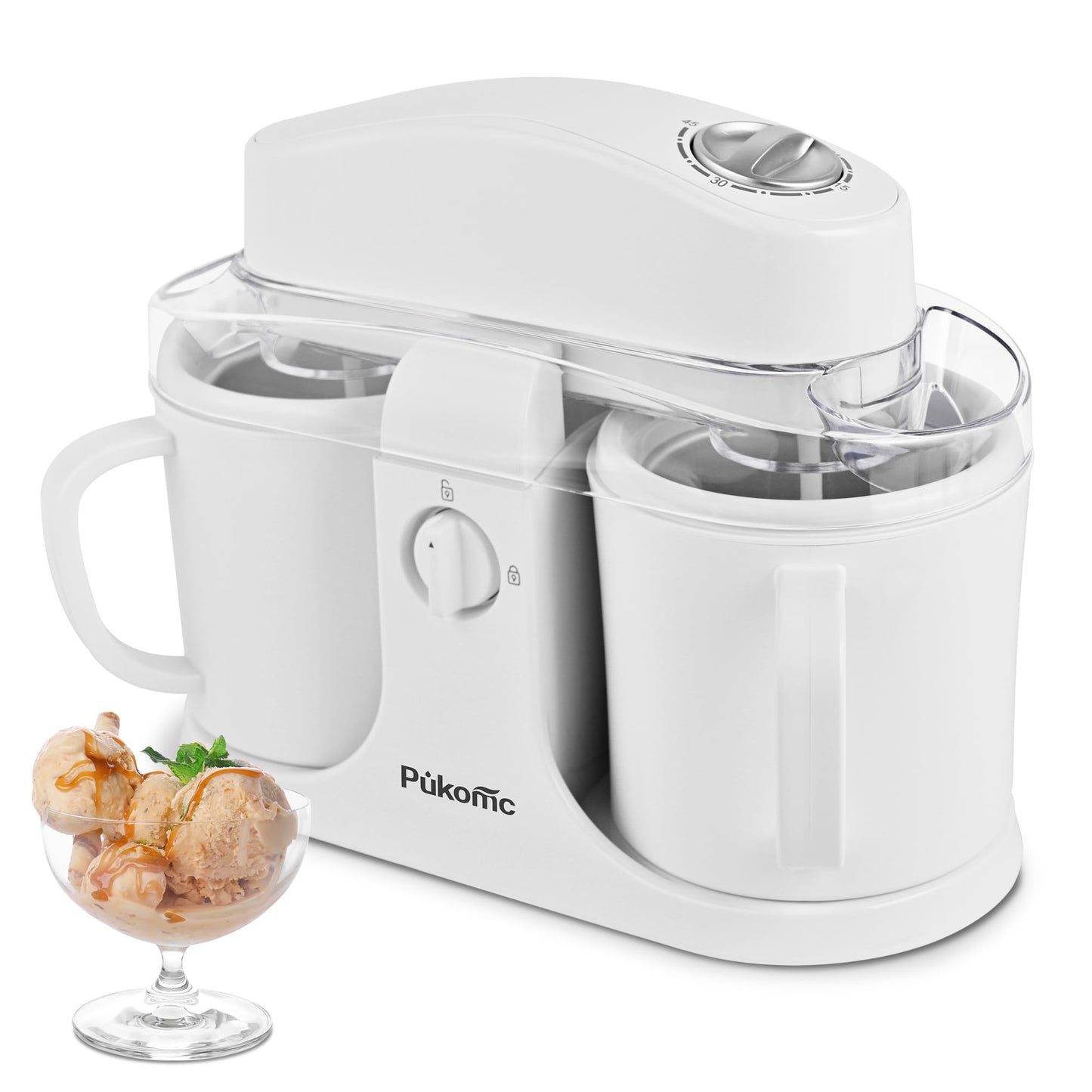 Pukomc Ice Cream Maker Machine for Home Use, with Two Ice Cream Bowls,Simple Operation and Easy to Clean,White