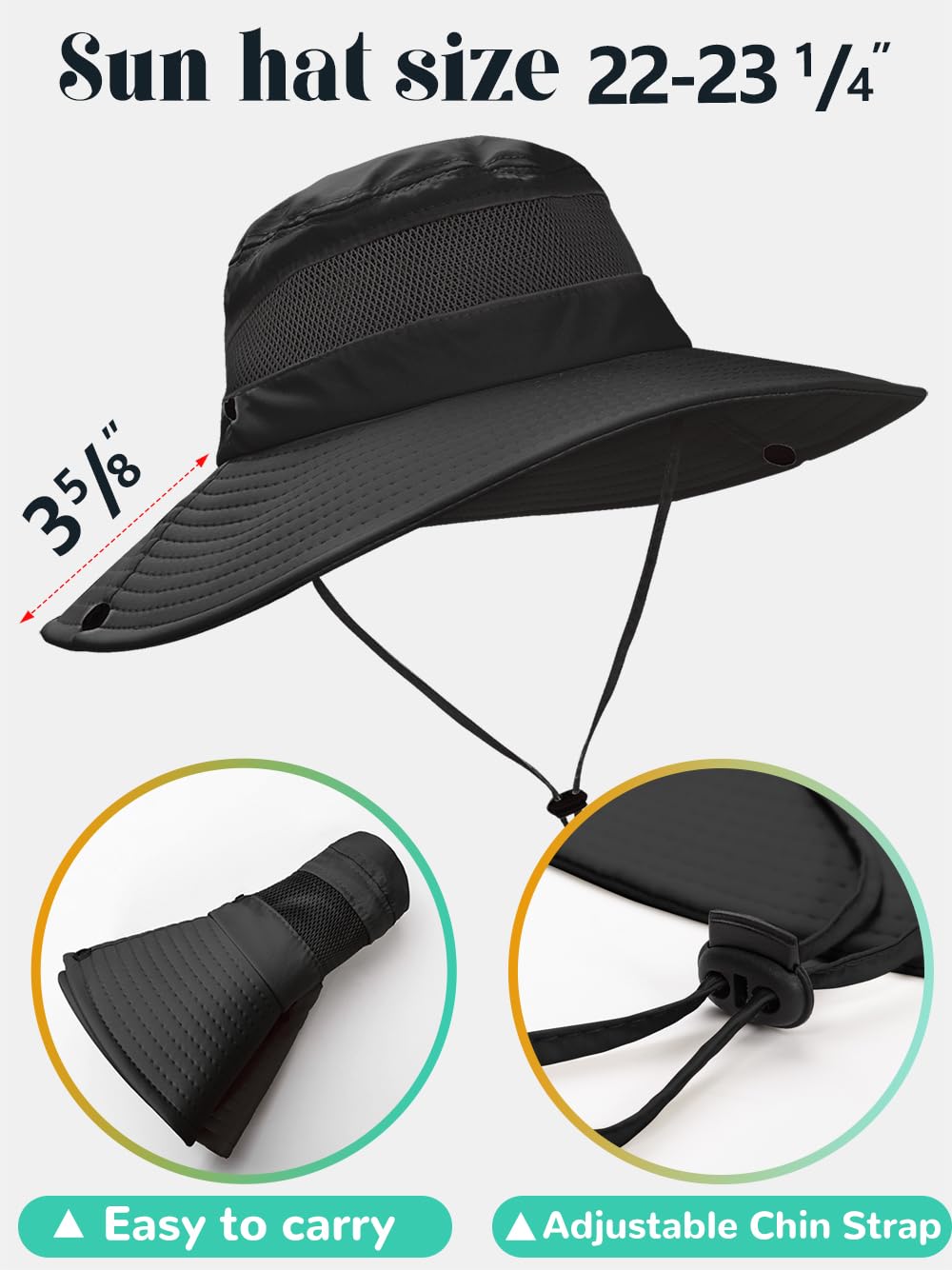 Sun Hat with Ponytail Hole for Women,Sun UV Protection UPF50+ Waterproof Beach Bucket Safari Hiking Hat for Women Black