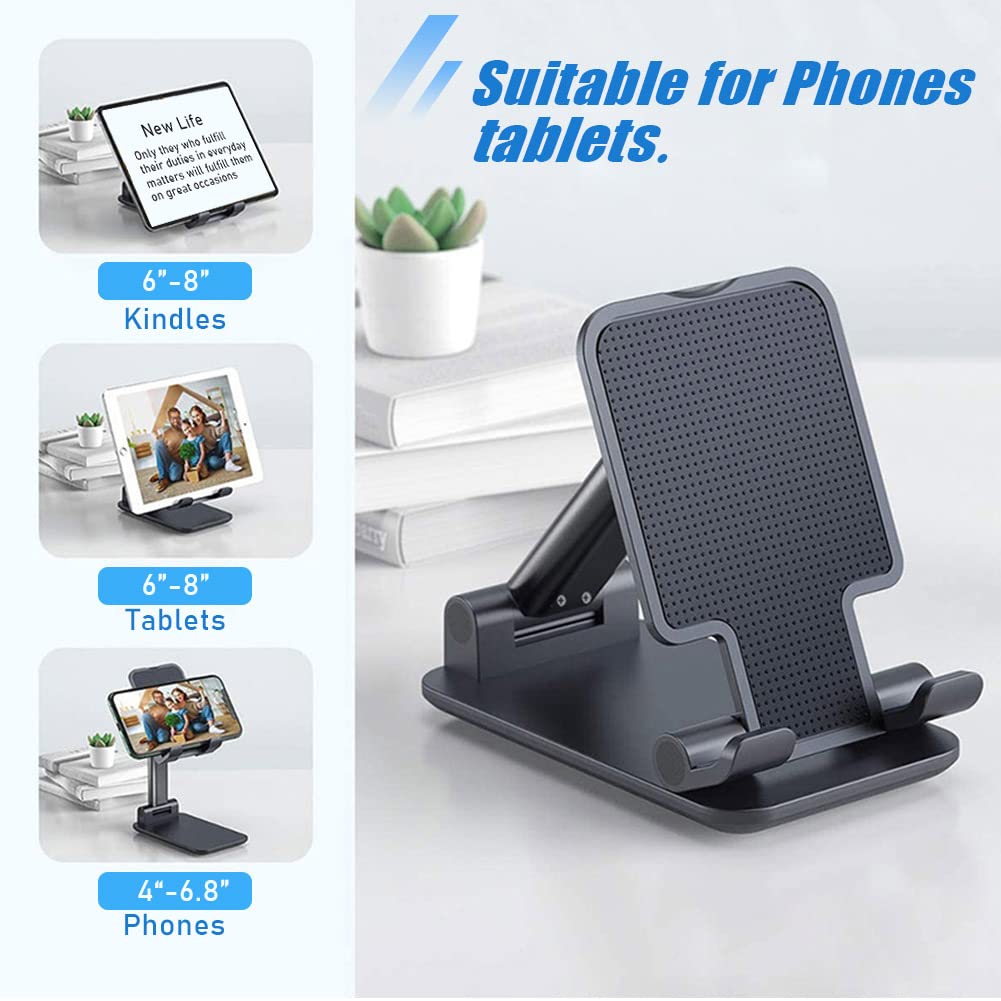 OGMAPLE Phone Stand for Desk, 2 Pack MT-6 Desk Phone Holder Stand for Office Universal Smart Phone Holder Foldable & Height Adjustable Cellphone Stand Compatible Under 8” Device, Black