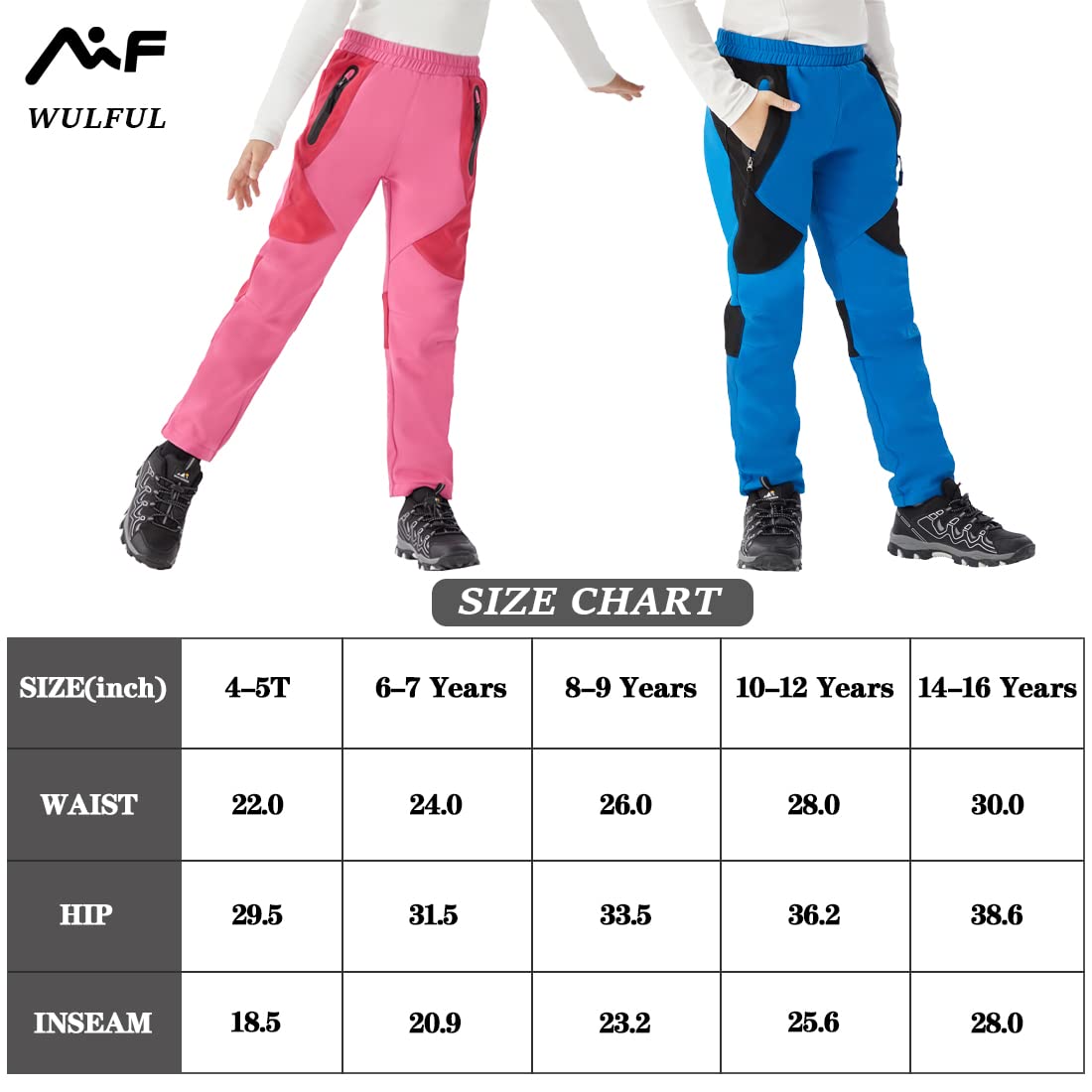 WULFUL Kids Waterproof Snow Ski Pants Boys Girls Outdoor Winter Fleece Hiking Insulated Snowboard Pants