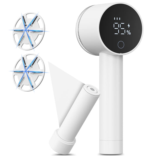 Lentorgi Fabric Shaver Electric Fuzz Remover, 2 in 1 Rechargeable Sweater Shaver with Lint Roller, Magnetic Cap, Digital Display, 2 Extra Blades, Defuzzer for Clothing Furniture Couch - White