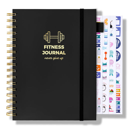 Fitness Journal for Women and Men, 8.8" x 6.6", Workout Log Sprial Book Planner for Tracking Progress and Achieving Your Wellness Goals, Black