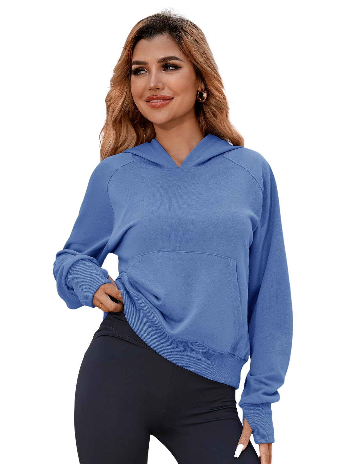 Bellcoco Womens Hoodies Pullover Cropped Sweatshirts Fall Winter Outfits Clothes for Wowen with Pocket Thumb Hole Blue