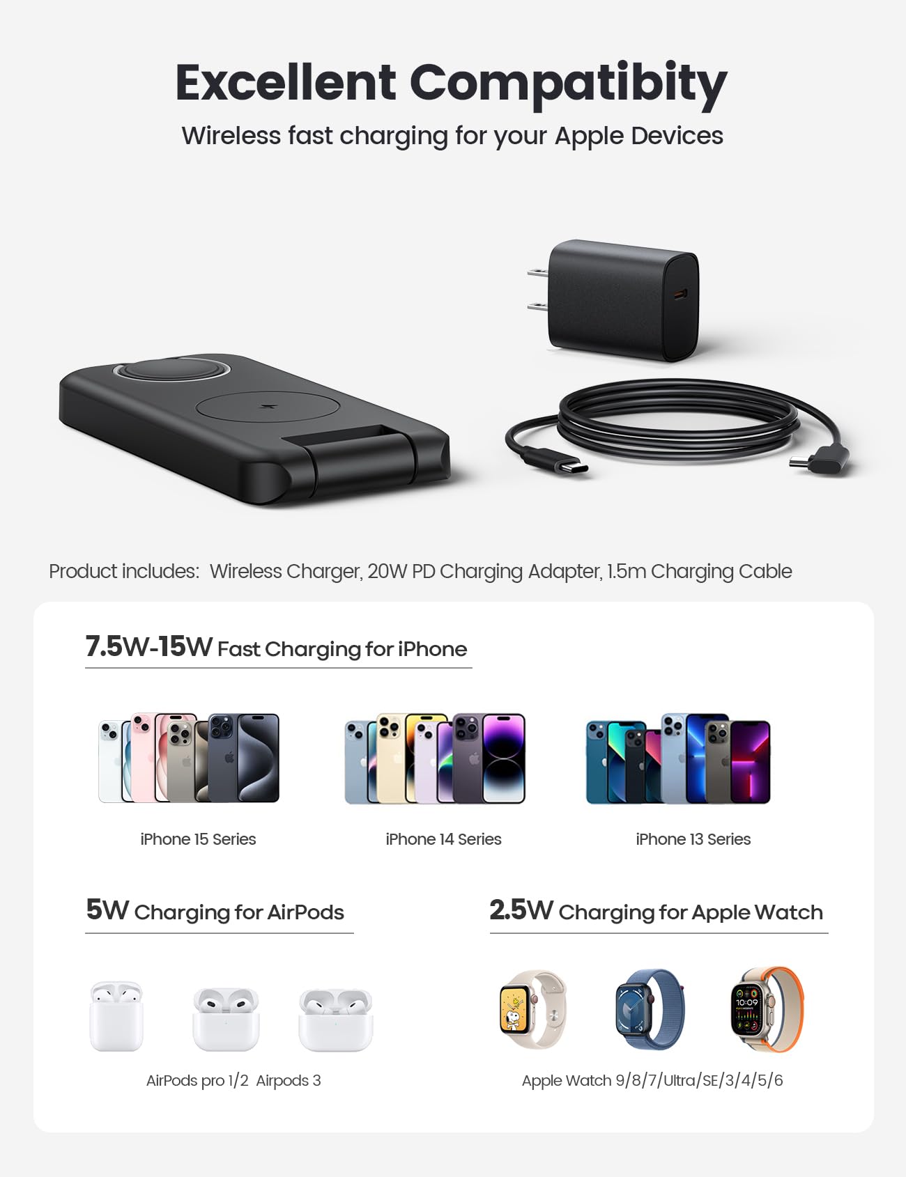 Lamicall 3 in 1 Charging Station for Apple, for Magsafe - Magnetic Foldable Wireless Charger Stand, Fast Charging Station for iPhone 16/15/14/13/Pro/Pro Max Apple Watch, AirPods, Foldable Travel Use