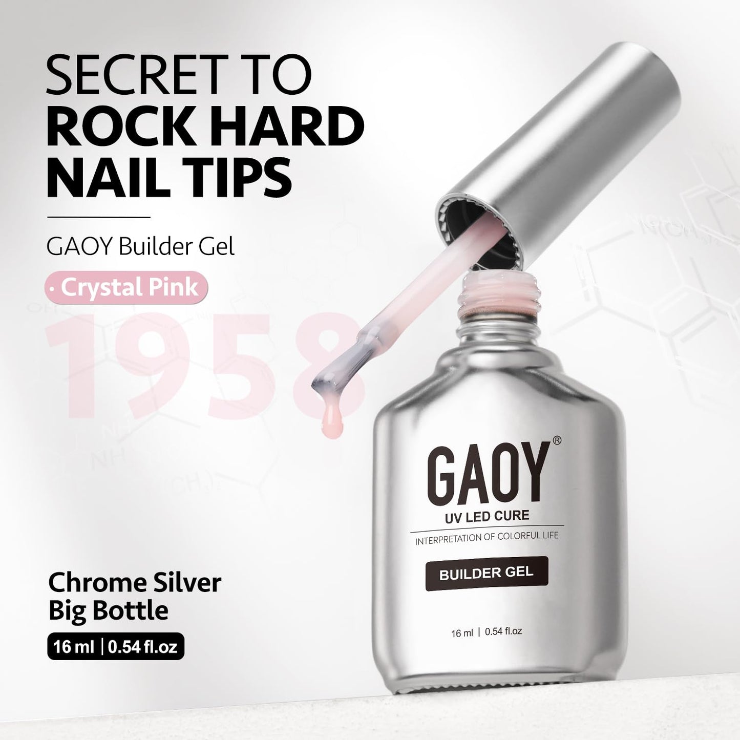 GAOY Builder Gel for Nails, 16ml Nail Strengthener in a Bottle, Nail Extension Hard Gel, Soak Off Long Lasting UV Gel, 1958 Crystal Pink, Base Coat Top Coat Needed