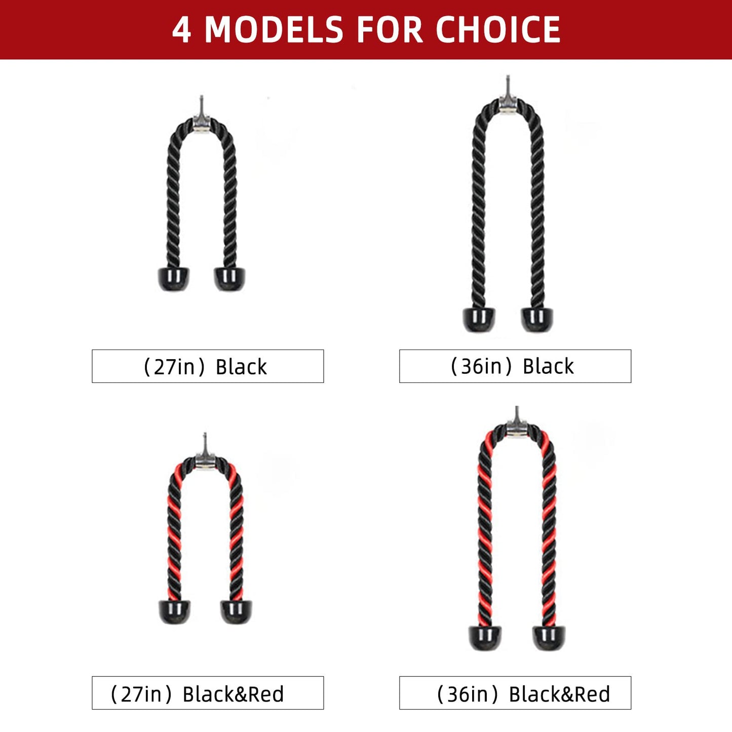 Tricep Rope Fitness Attachment Cable Machine Pulldown Heavy Duty Coated Nylon Rope with Solid Rubber Ends (36'' Black&Red)