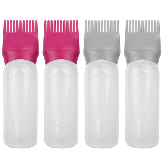 FZWONVUC 4 Pack Root Comb Applicator Bottle, Hair Oil Applicator, Oil Comb Applicator Bottle for Hair Dye Shampoos Hair Salons (Red+Grey)