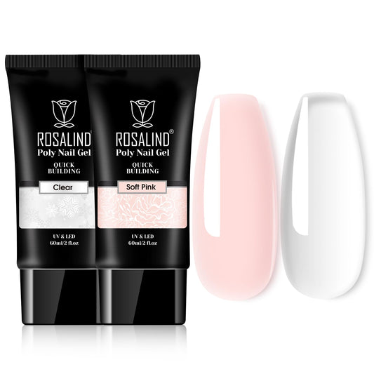 ROSALIND Clear Pink Acrylic Poly Extension Gel, 2 PCS 60ml Clear Poly Nail Gel kit Nail Builder for Clear Nail Art Decoration, Nail Thickening Poly Nail Gel Tube Easy to DIY Use Need UV Lamp